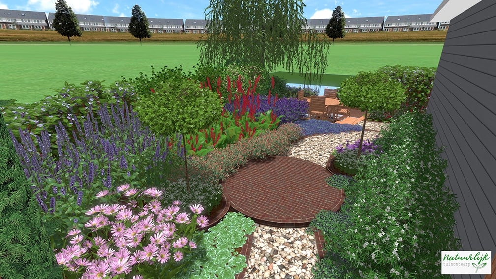 Natuurlijk tuinontwerp - 3D veel planten en pad van castle grind